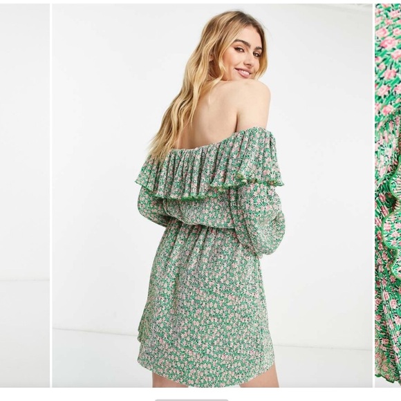 ASOS floral off the shoulder Bardot plisse mini dress - Picture 4 of 10